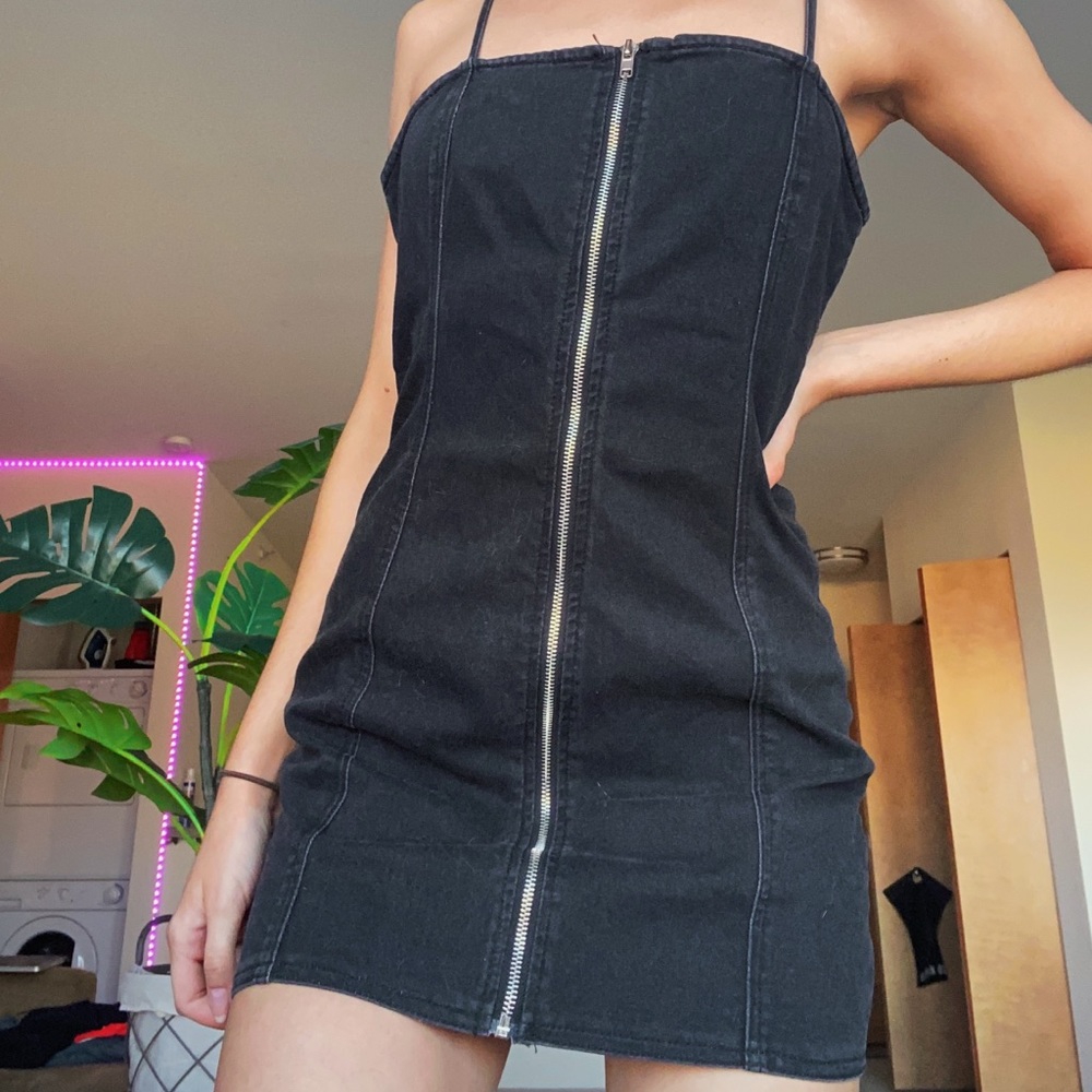 black denim zip up bodycon dress